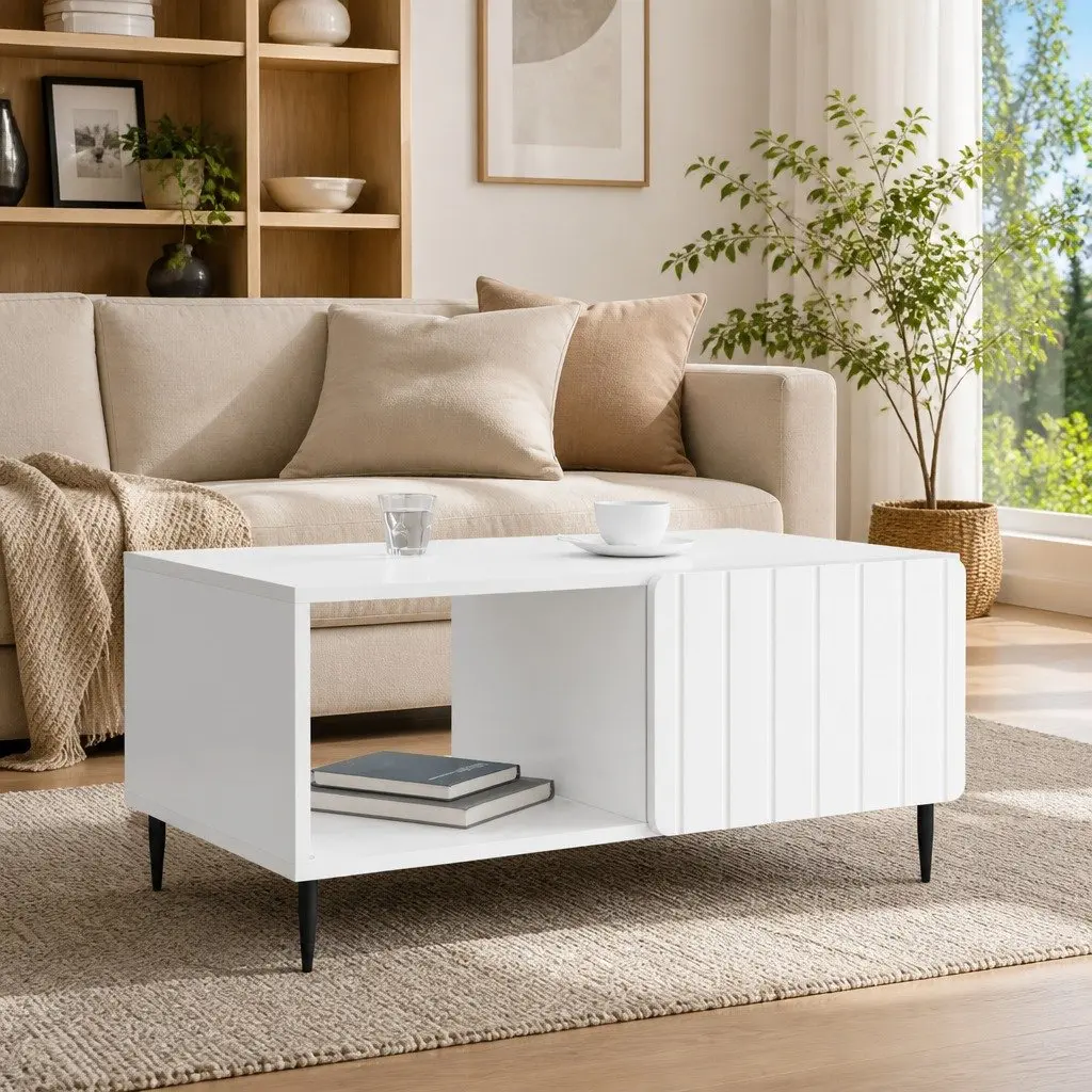 Coffee Table Modern Rectangular White Living Room Furniture with Storage Space