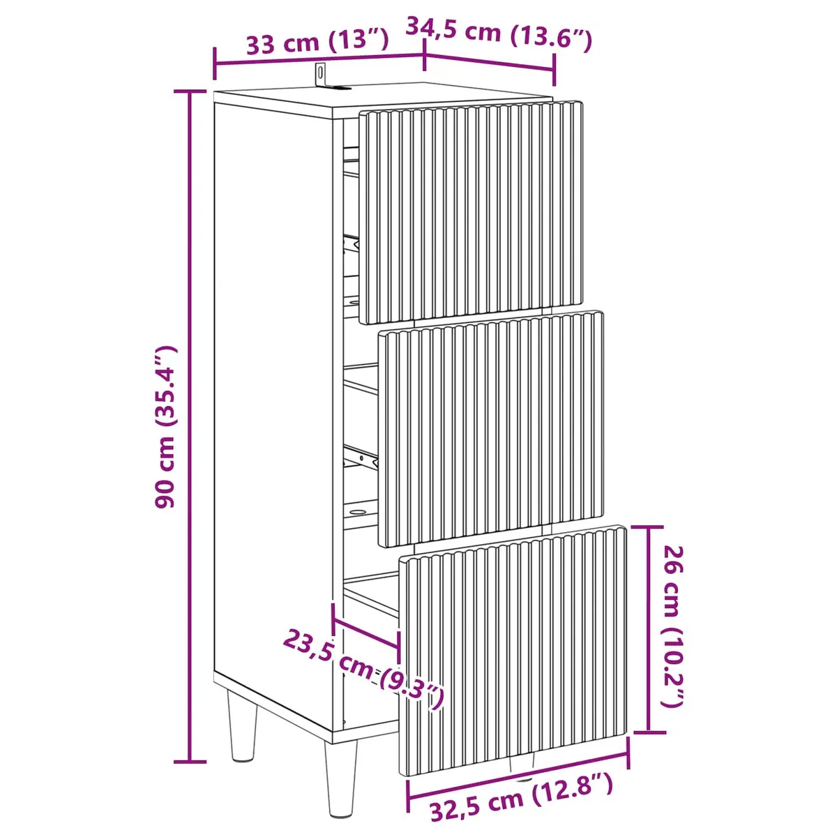 Drawer Cabinet White Engineered Wood 33 x 34.5 x 90 cm Tapered Legs