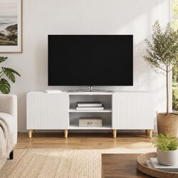 TV Cabinet White 150cm Modern Living Room Storage Unit Board Shelves Swing Doors