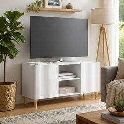 TV Cabinet White Modern Living Room Media Storage Unit with Swing Doors