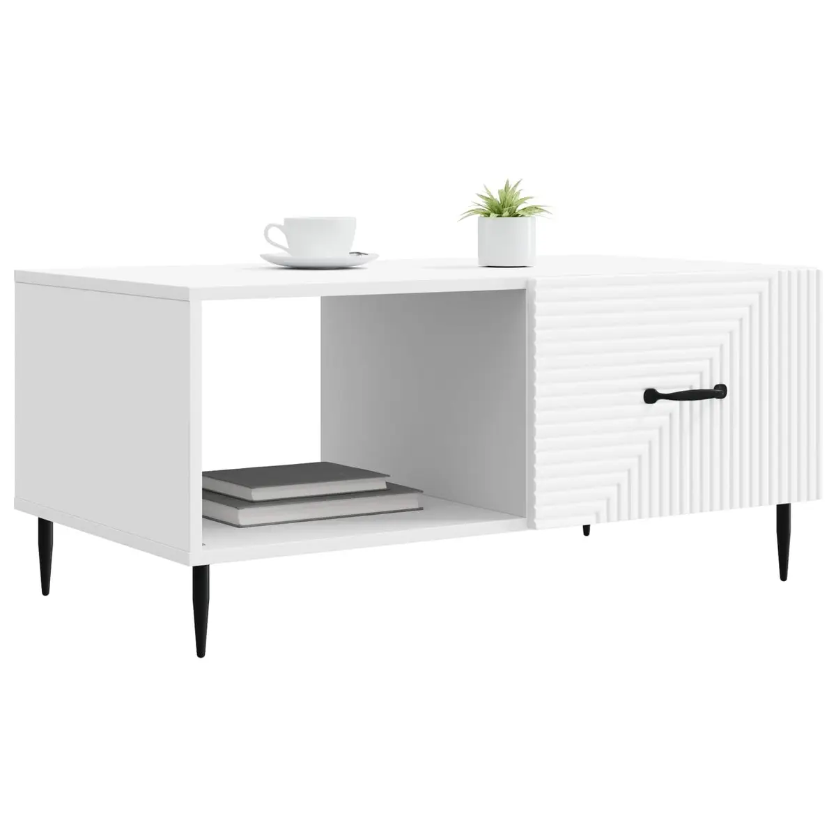 Coffee Table Rectangular Modern White Engineered Wood with Storage Compartments and Metal Tapered Legs
