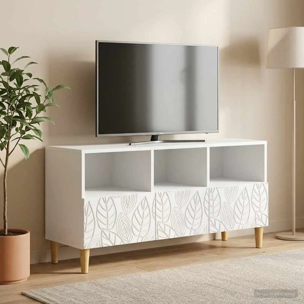 TV Cabinet Modern Storage Unit 102cm White Engineered Wood with Eucalyptus Legs