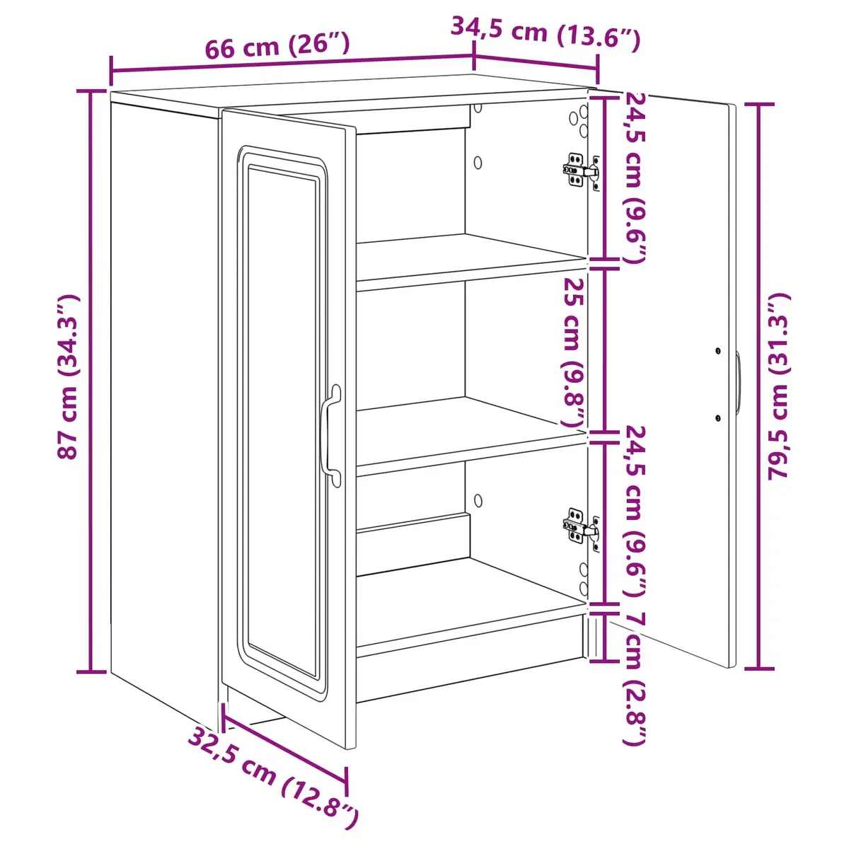 Sideboard Storage Cabinet Sliding Doors Engineered Wood White 66x34.5x87 cm