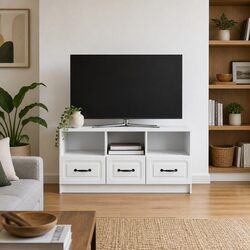 White TV Cabinet with Drawer Modern Living Room Storage Unit 102 x 34.5 x 47 cm