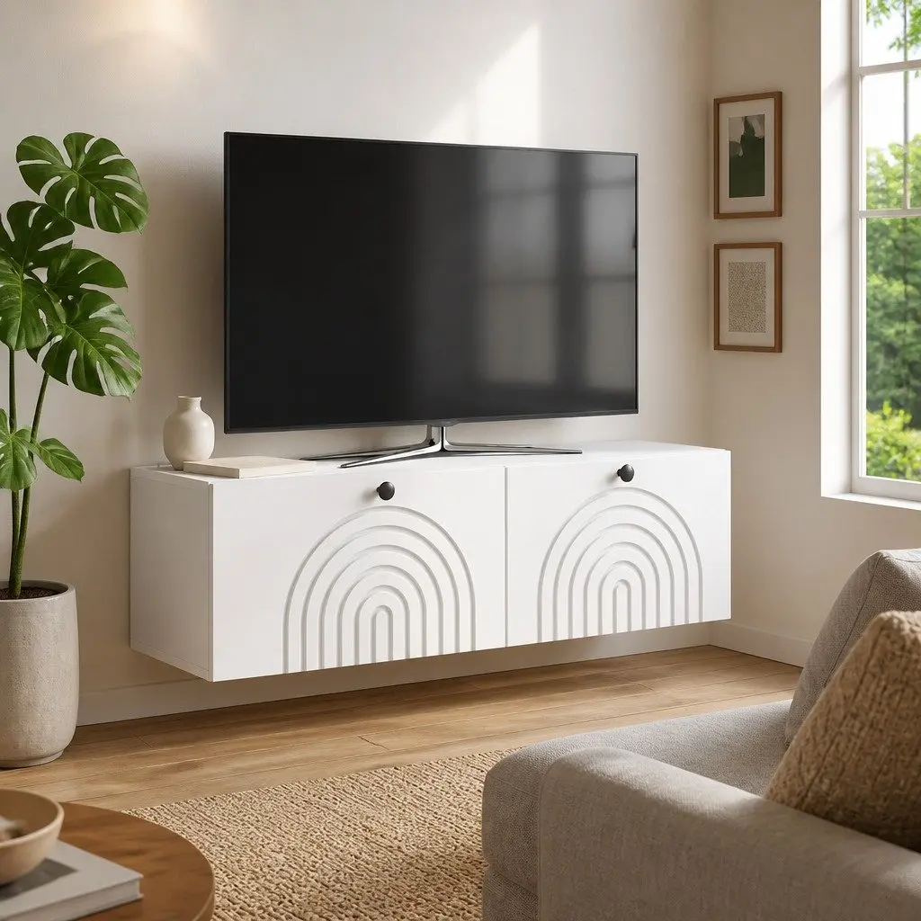 Wall-Mounted TV Cabinet White Engineered Wood Media Storage Living Room Unit