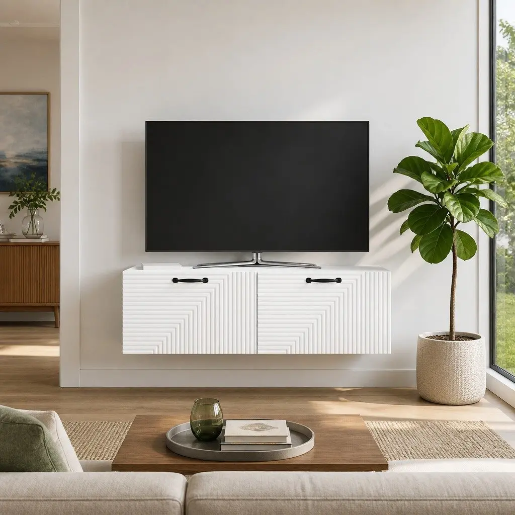 Wall-Mounted TV Cabinet Modern Storage Unit 98x41x30cm White Engineered Wood