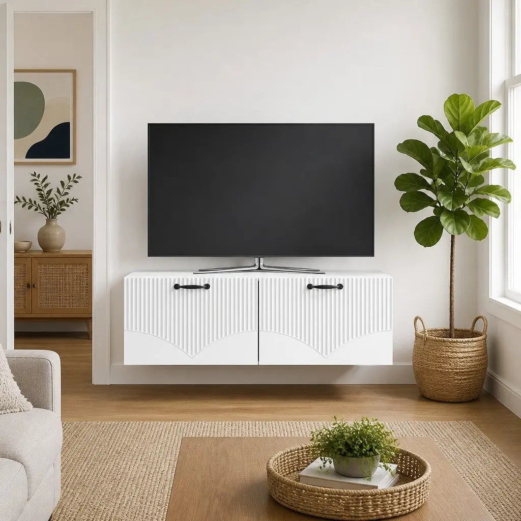Wall-Mounted TV Cabinet Modern Storage Unit White Engineered Wood 90° Swing Hinge Doors