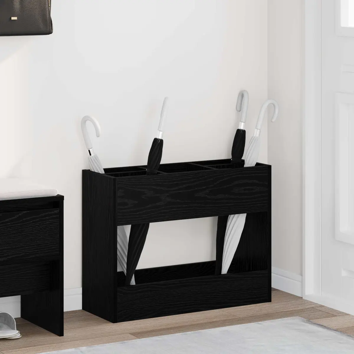 Umbrella Stand Wooden Storage Rack Hallway Entryway Modern Black Oak Design 65cm