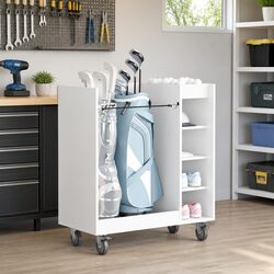 White Wooden Golf Cabinet Storage with Shelves Wheel Garage Indoor Organization