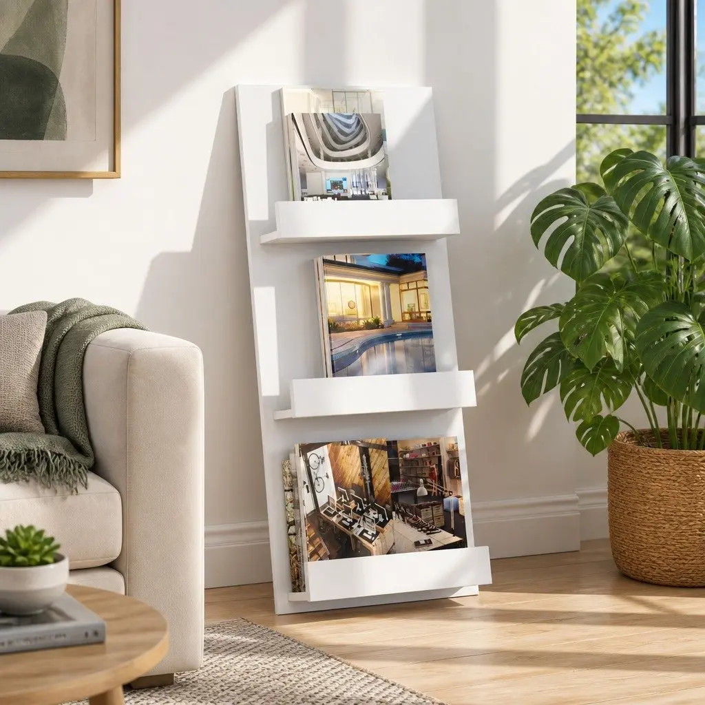 Magazine Rack with Shelf Engineered Wood 43cm White Storage Organiser for Living Room Office Bedroom