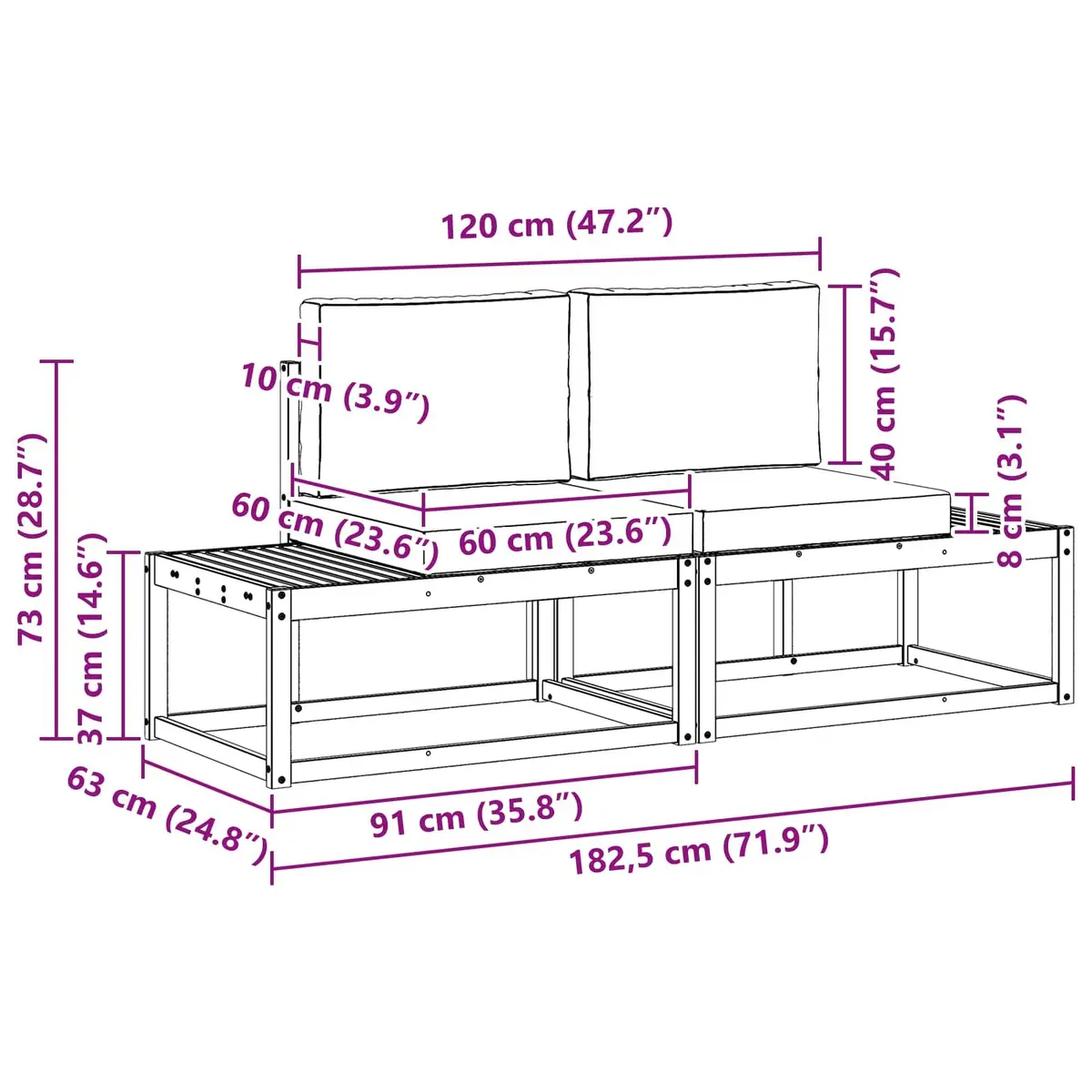 Outdoor End Sofa 2 Piece Modular Sectional Seating Unit Garden Furniture Brown