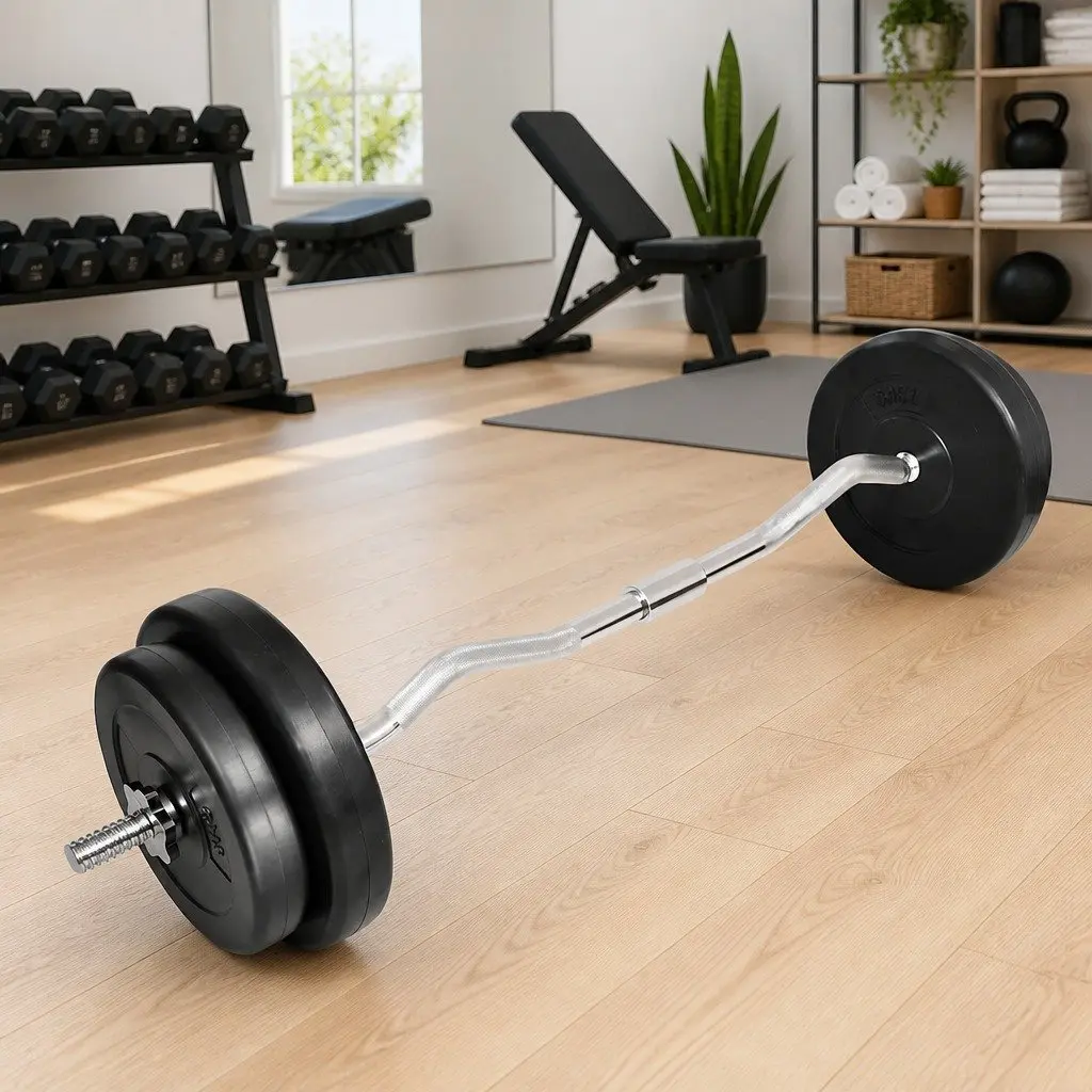 Curl Bar with Weight Plates 30kg Total Black Strength Training Equipment