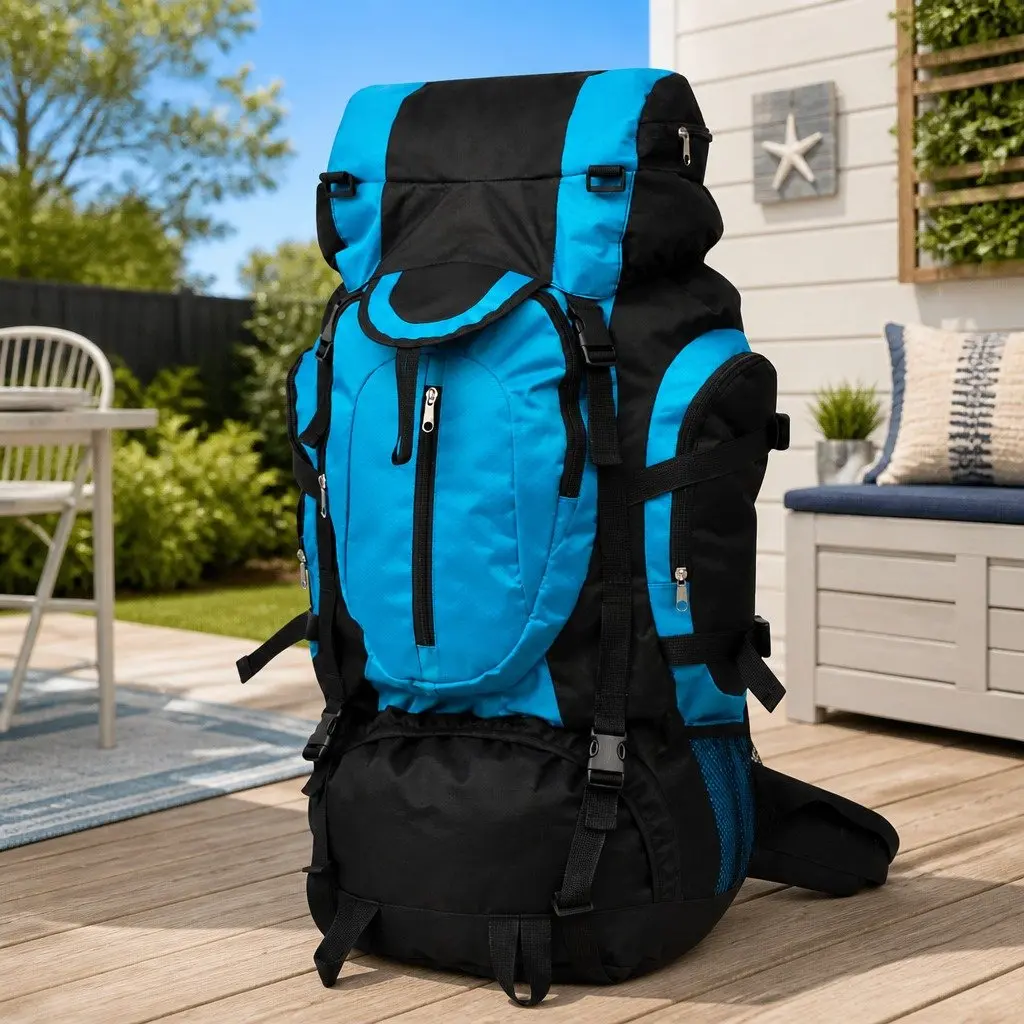 Hiking Backpack Large Capacity 75L Blue Coated Polyester Outdoor Travel Camping Rucksack