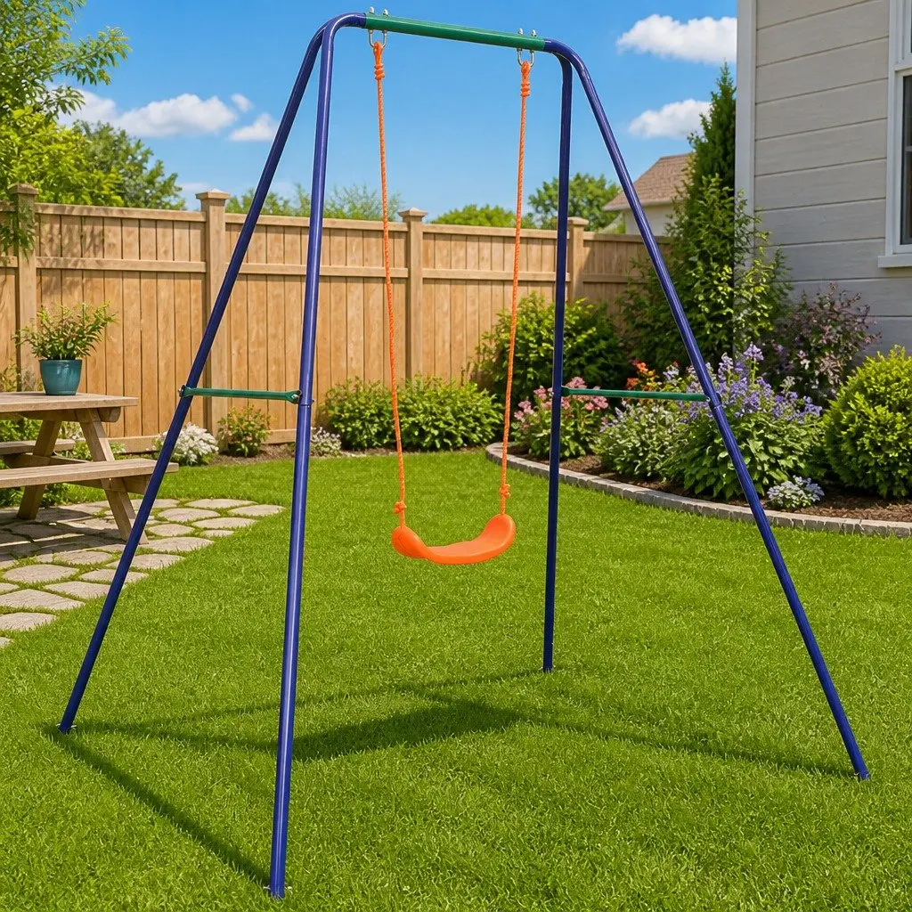 Single Swing Sturdy Steel Frame Orange Outdoor Play Equipment for Kids Garden Backyard