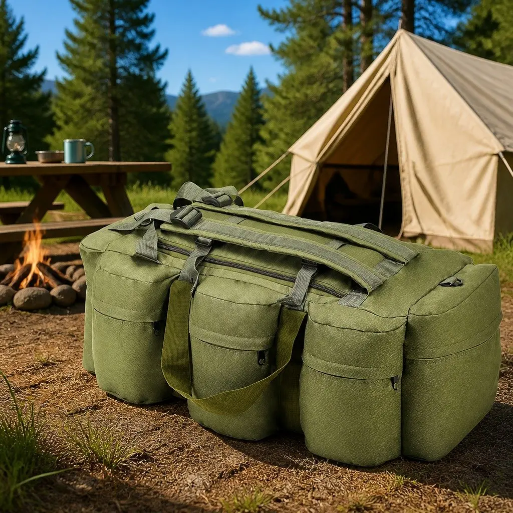 3-in-1 Duffel Bag Outdoor Travel Hiking Camping Green Coated Oxford Fabric