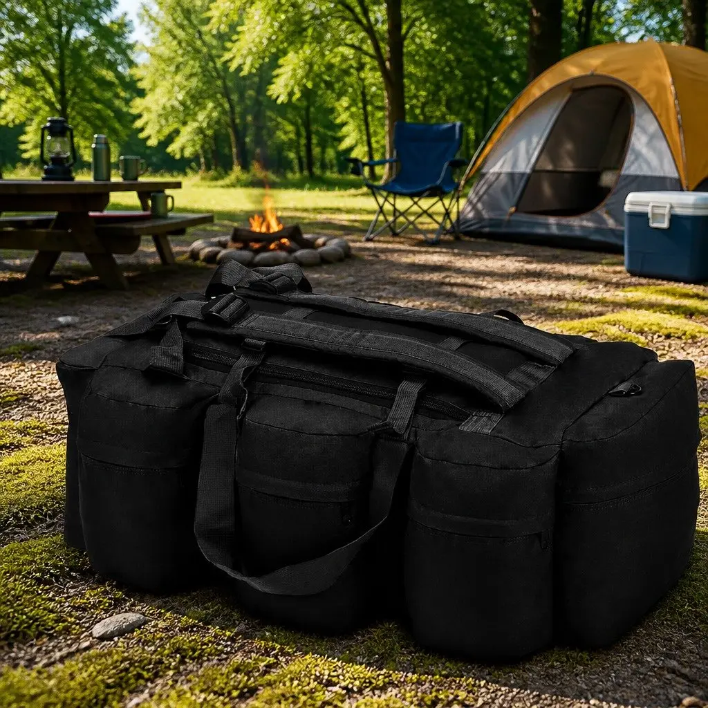 Duffel Bag 45L Army Style 3-in-1 Shoulder Backpack Black Coated Oxford Fabric