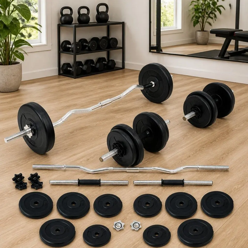 Barbell and Dumbbell Set 30kg Free Weights Strength Training Equipment Black