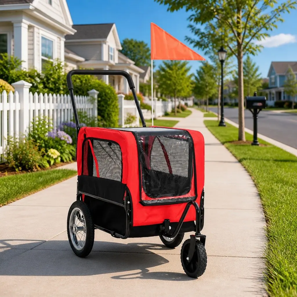 Pet Bike Trailer Jogging Stroller 2-in-1 Dog Cat Carrier Red Black Suspension