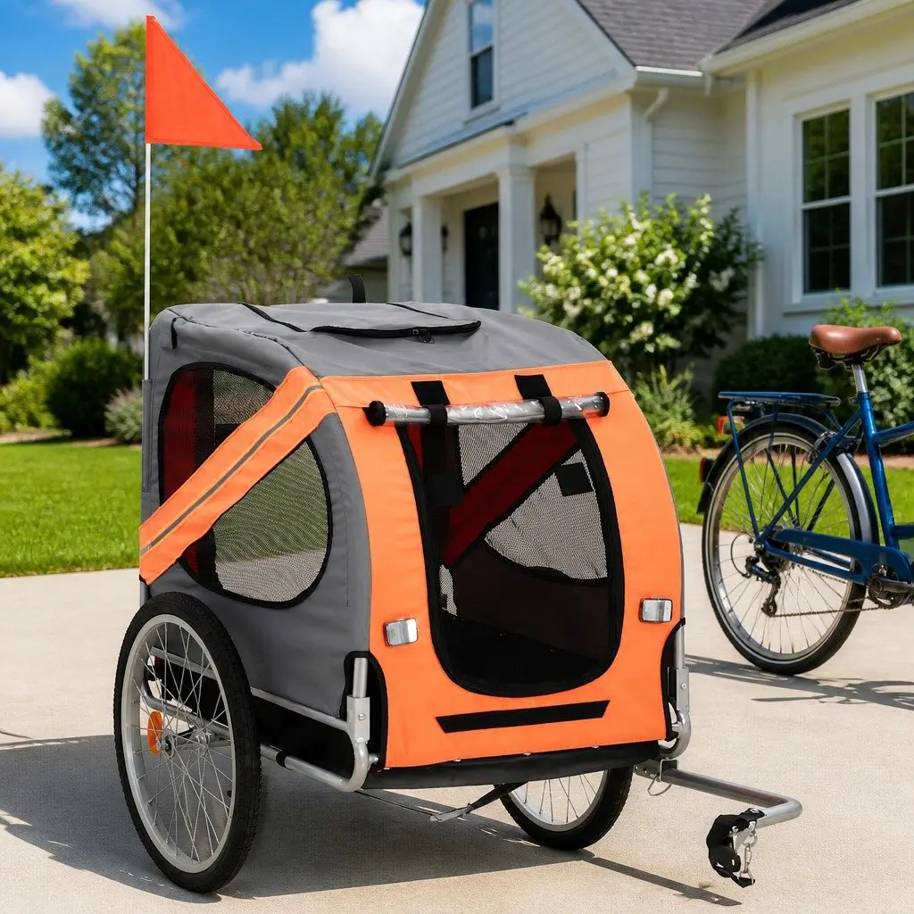 Pet Bike Trailer Foldable Dual Entry Mesh Windows Grey