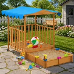 Kids Playhouse with Sandbox Fir Wood Blue UV50 Protection Garden Outdoor Play