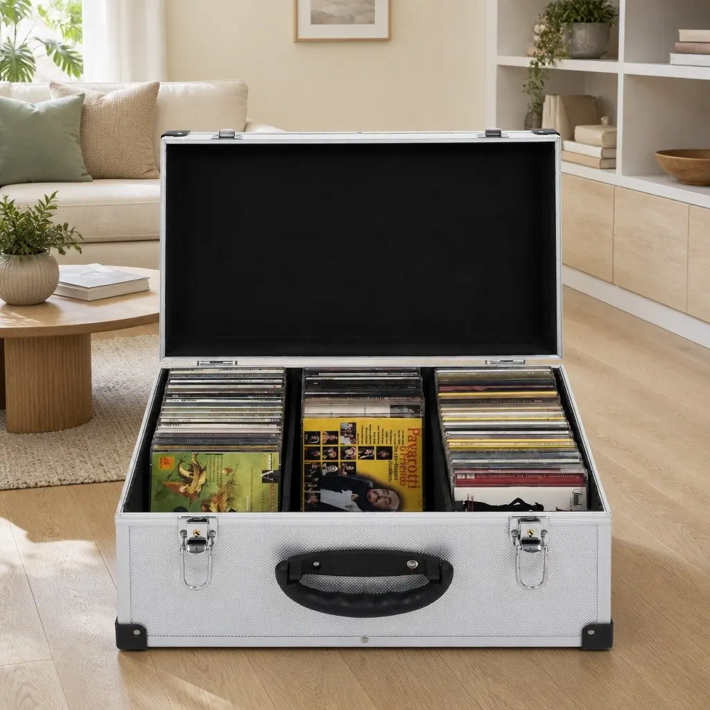CD Case Silver Storage Organiser Box for 60 CDs with Aluminium Trimming and Locking Mechanism