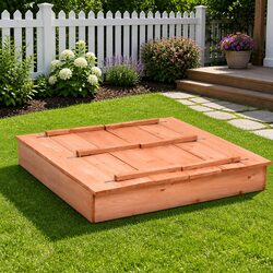 Wooden Sandbox 95x90x15cm Brown Outdoor Sandpit with Folding Lid Bench Seats