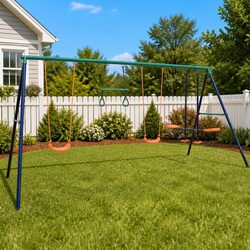 Swing Set with Gymnastic Rings See Saw 4 Seats Orange Steel A-Frame Outdoor Play