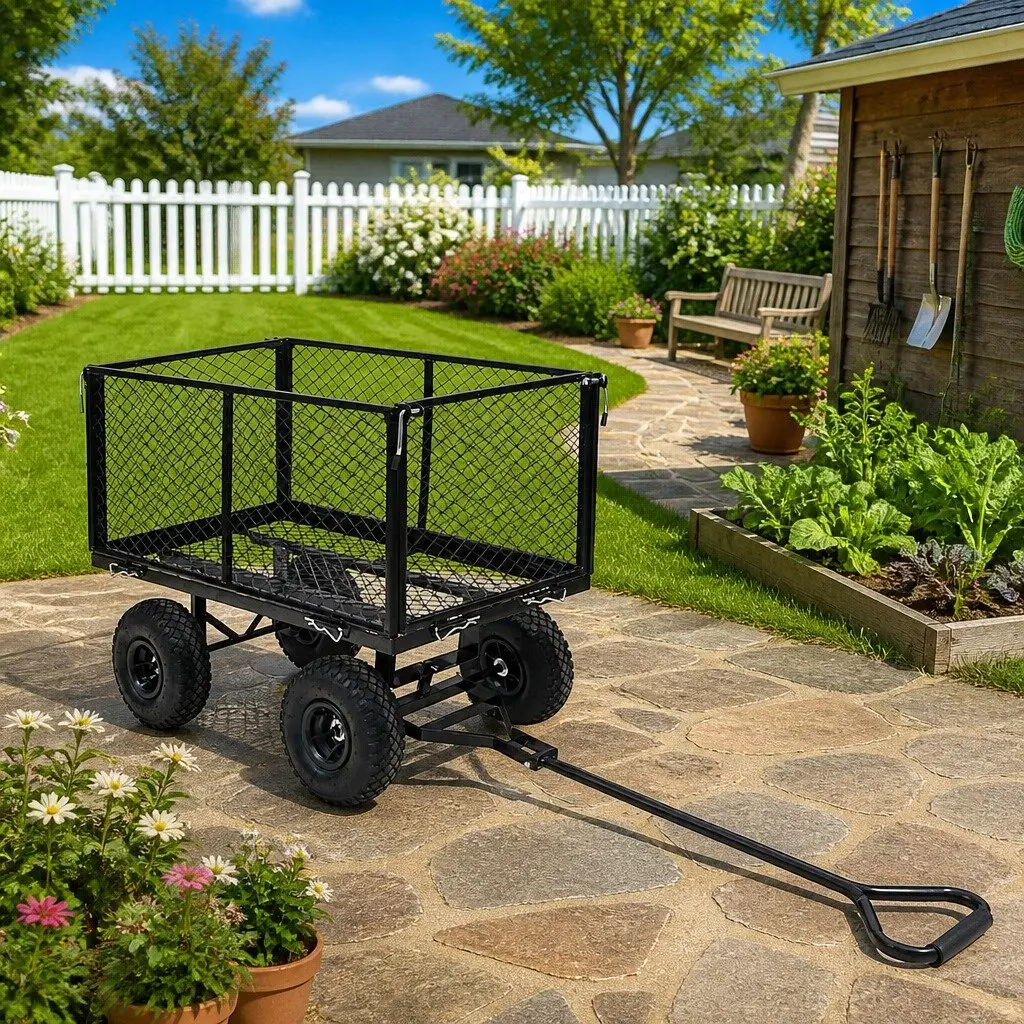 Garden Hand Trolley Heavy Duty Steel Black 350kg Load Capacity Pneumatic Wheels