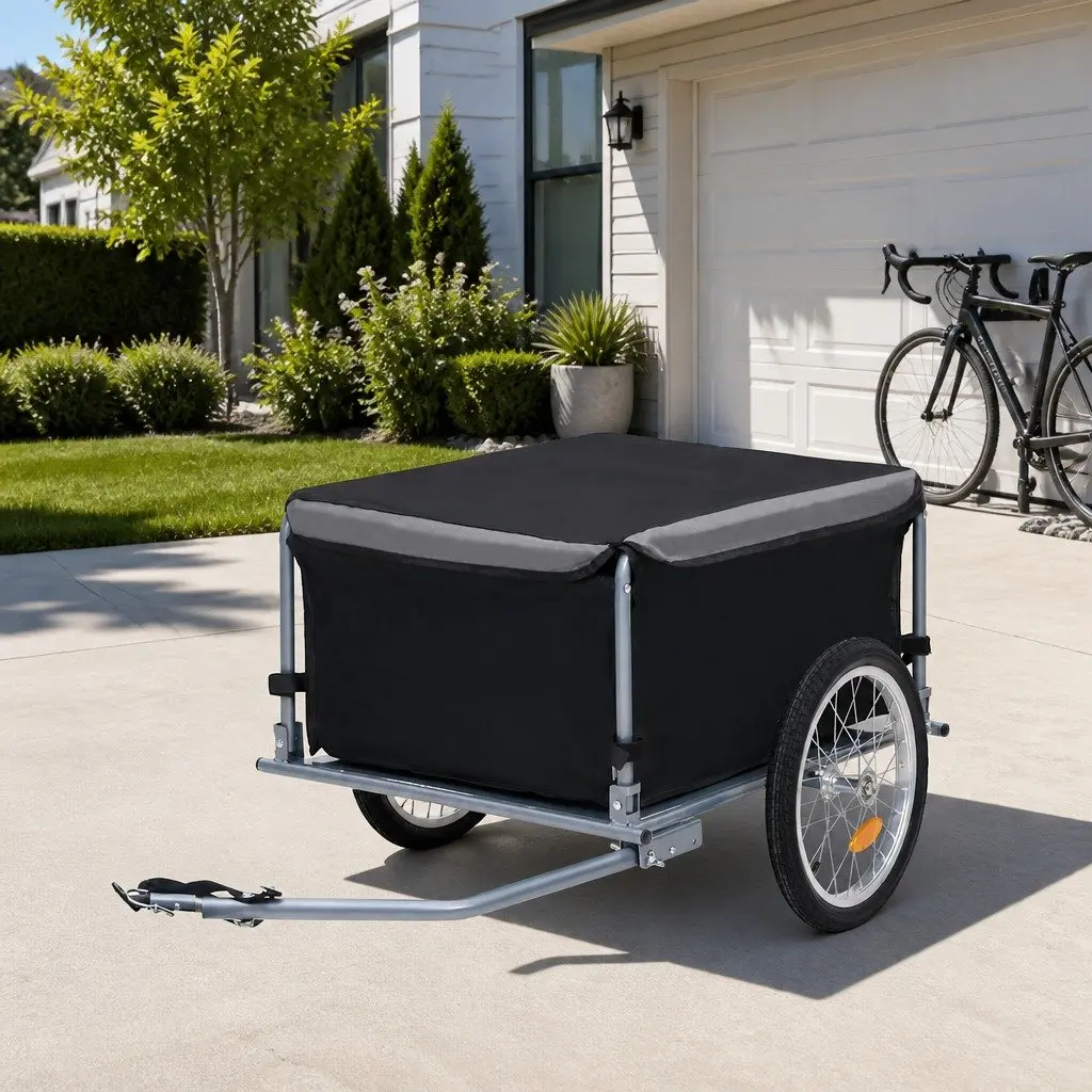 Bike Trailer Steel Frame Foldable Cargo 65kg Capacity Grey