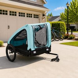 Pet Bike Trailer Blue Dog Cat Carrier Mesh Windows Folding Quick Release Hitch