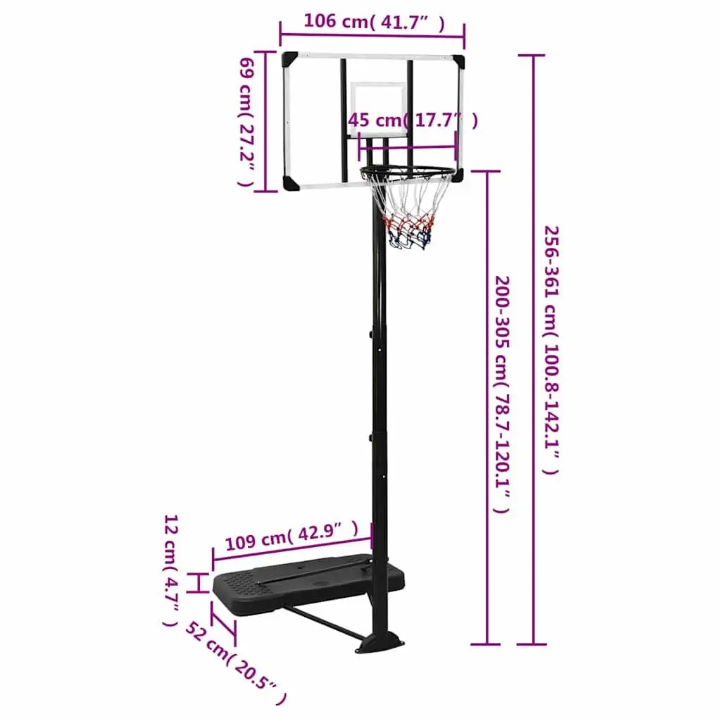 Basketball Hoop Stand Adjustable Height 256-361cm Transparent Polycarbonate