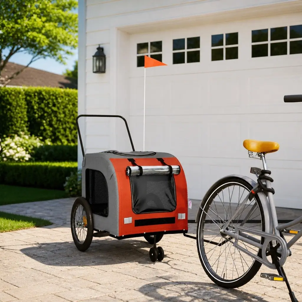 Pet Bike Trailer Orange Grey Oxford Fabric Iron Frame Small Dogs Cycling Cart