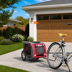 Pet Bike Trailer Red Grey Oxford Fabric Iron Frame Wheels Zippered Doors Mesh