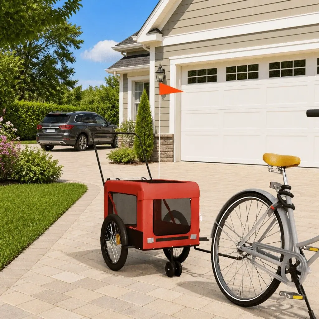 Pet Bike Trailer Orange Black Oxford Fabric Iron Frame Wheels Dog Cat Carrier