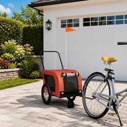 Pet Bike Trailer Orange Black Oxford Fabric Iron Frame Wheels Zippered Doors