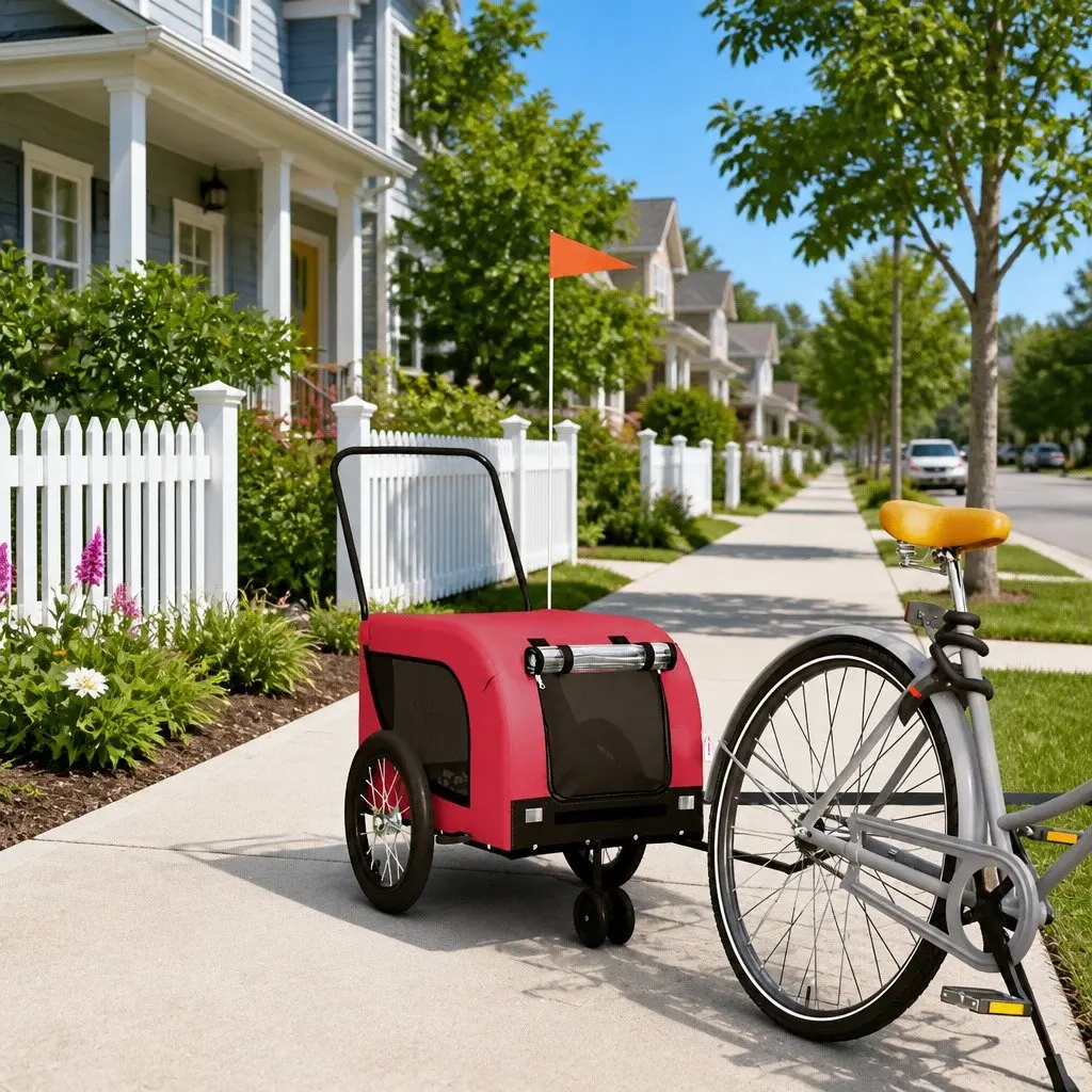 Pet Bike Trailer Red Oxford Fabric Iron Frame Zippered Doors Mesh Windows Small