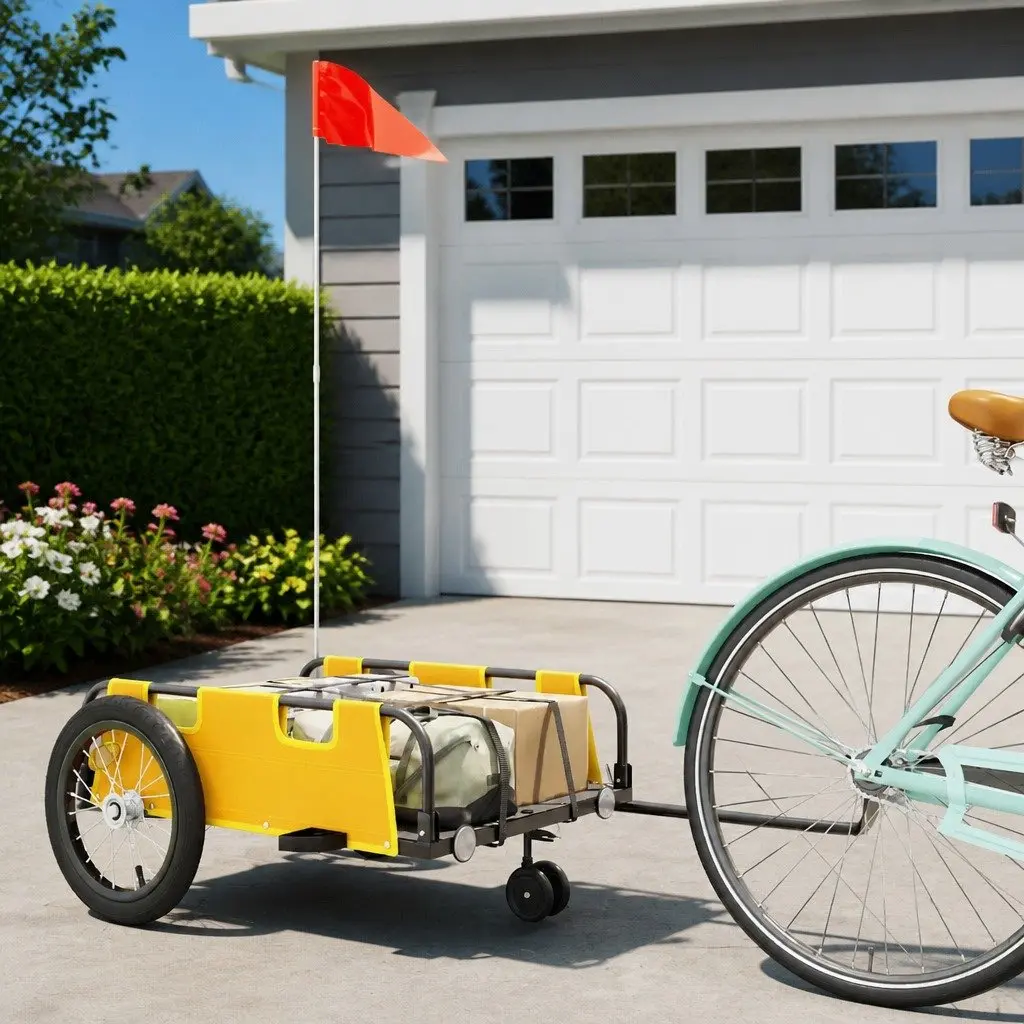Bicycle Trailer Yellow Oxford Fabric Cargo Cart Iron Frame Transport