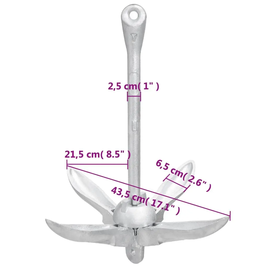 Folding Anchor 6 kg 4-Claw Grapnel Silver Cast Iron for Boat Docking and Watercraft