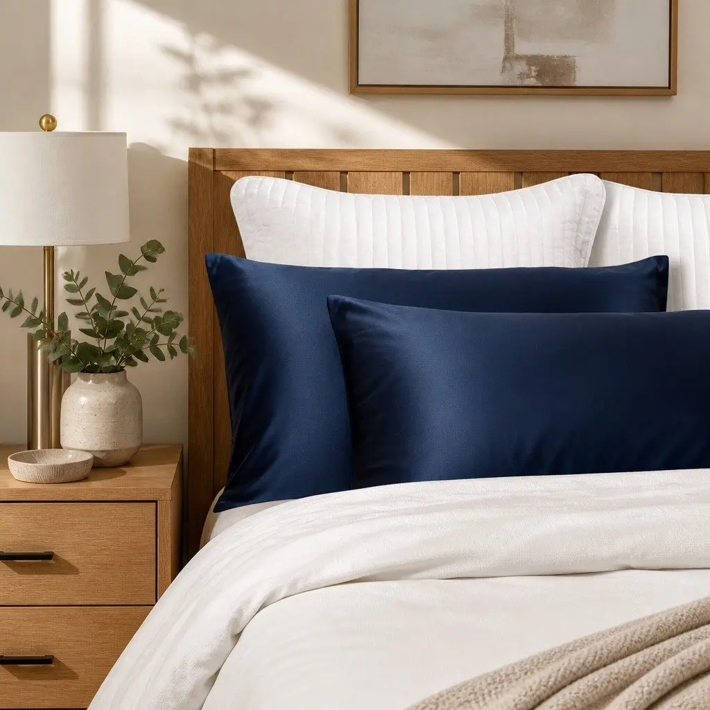 Mulberry Silk Pillowcase Twin Pack 51x76cm Navy Hypoallergenic Breathable Sleep