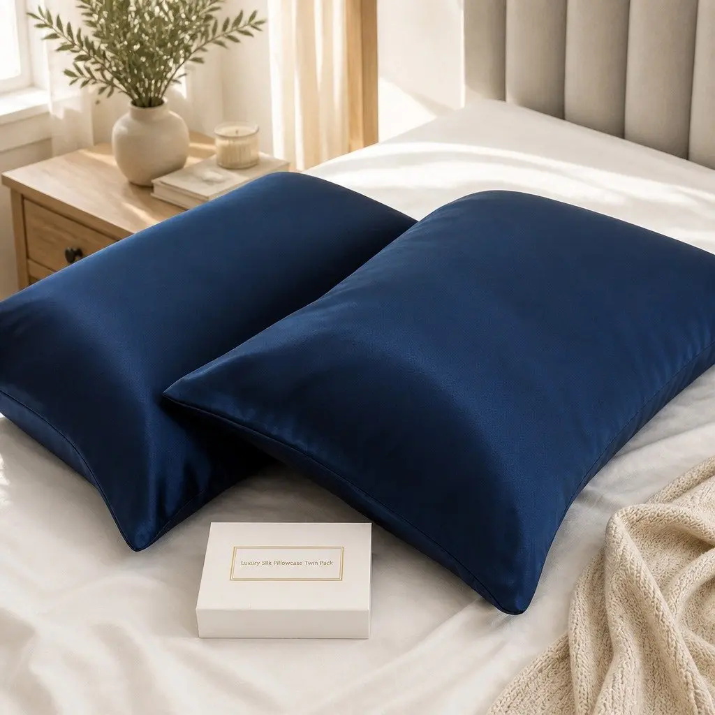Mulberry Silk Pillowcase Twin Pack 51x76cm Navy Hypoallergenic Breathable Sleep
