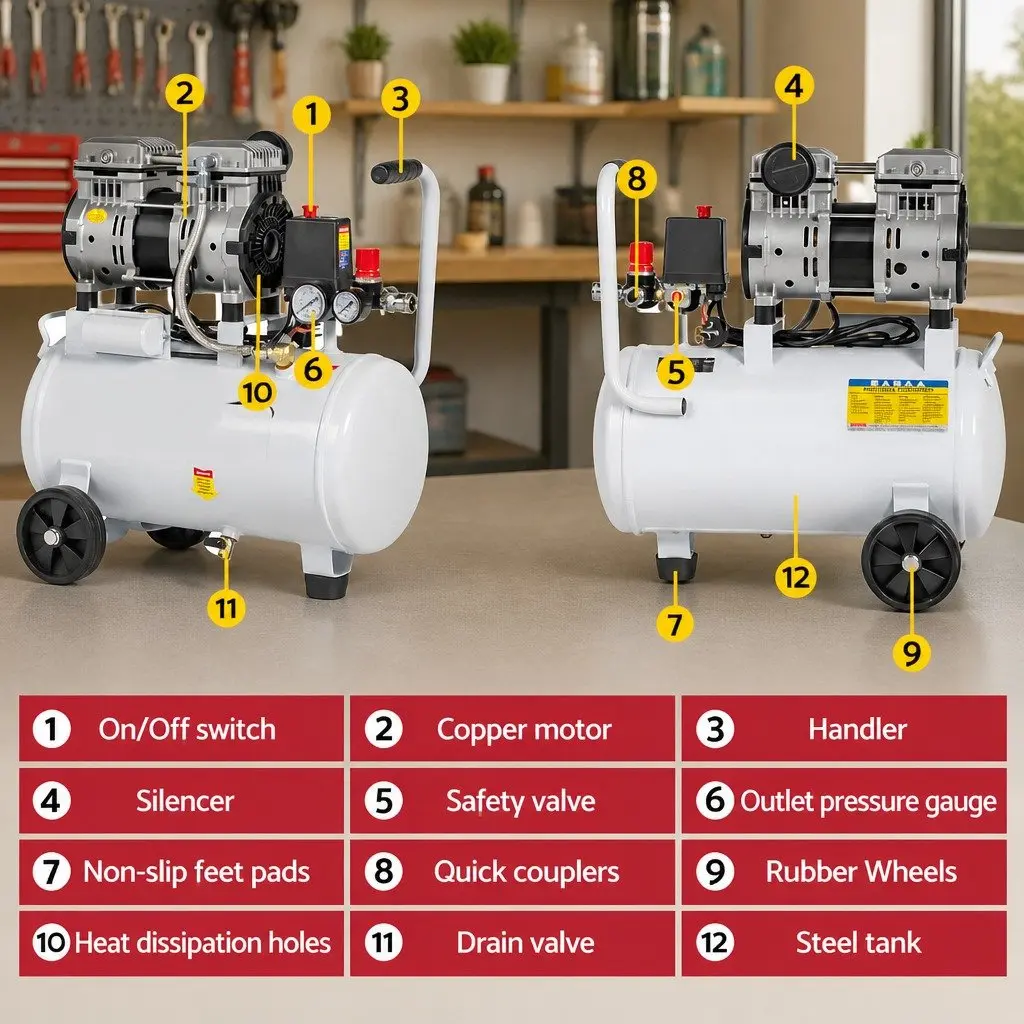 Air Compressor Portable 24L Tank Quiet Oil-Free Electric Power