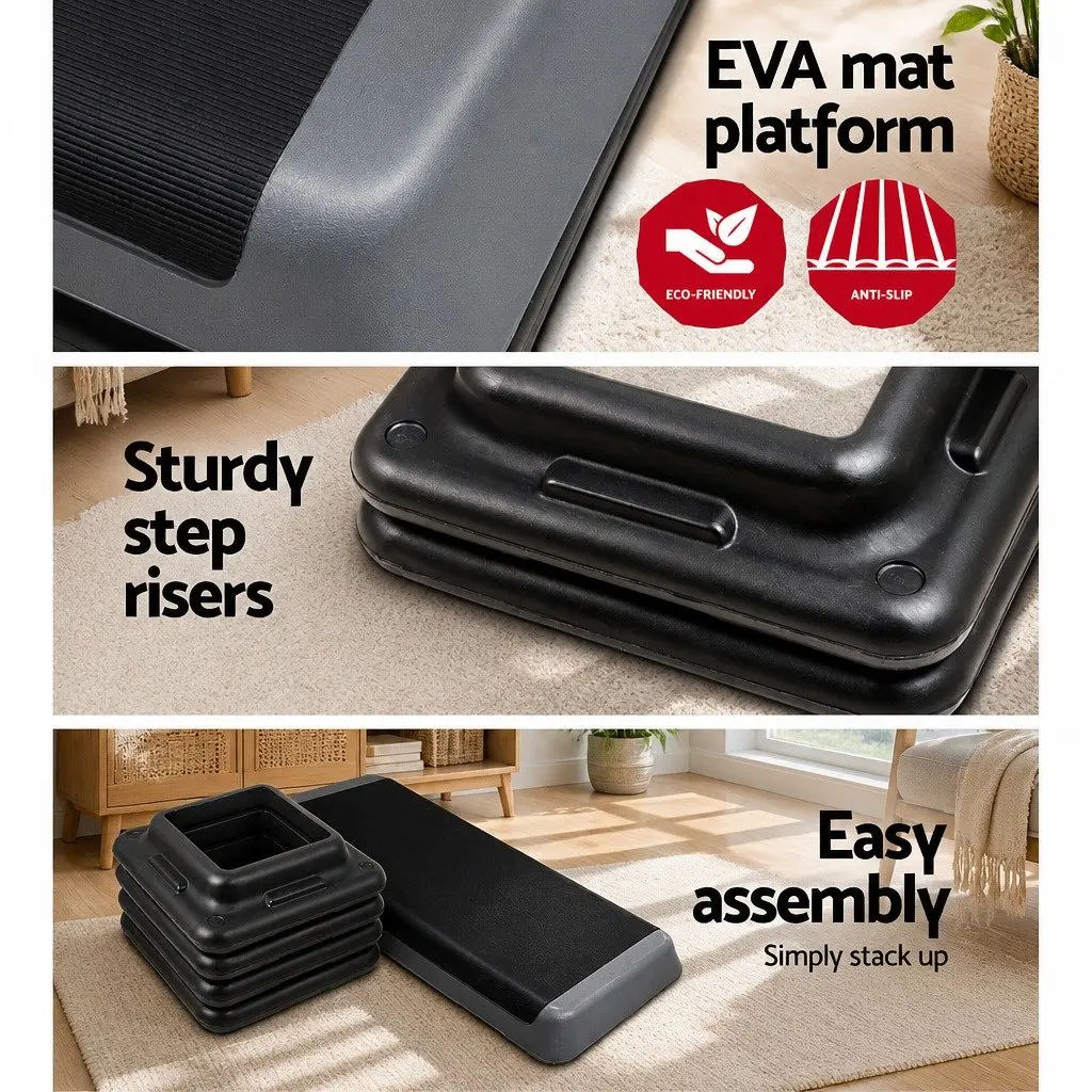 Aerobic Step Exercise Stepper 3 Level Adjustable 110cm Black Grey Anti-Slip Surface