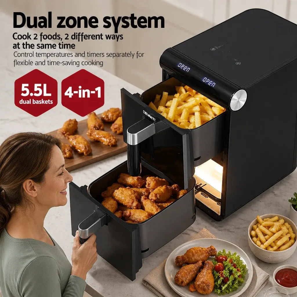 Air Fryer Dual Zone Cooking 11L Black Kitchen Appliance Two Baskets