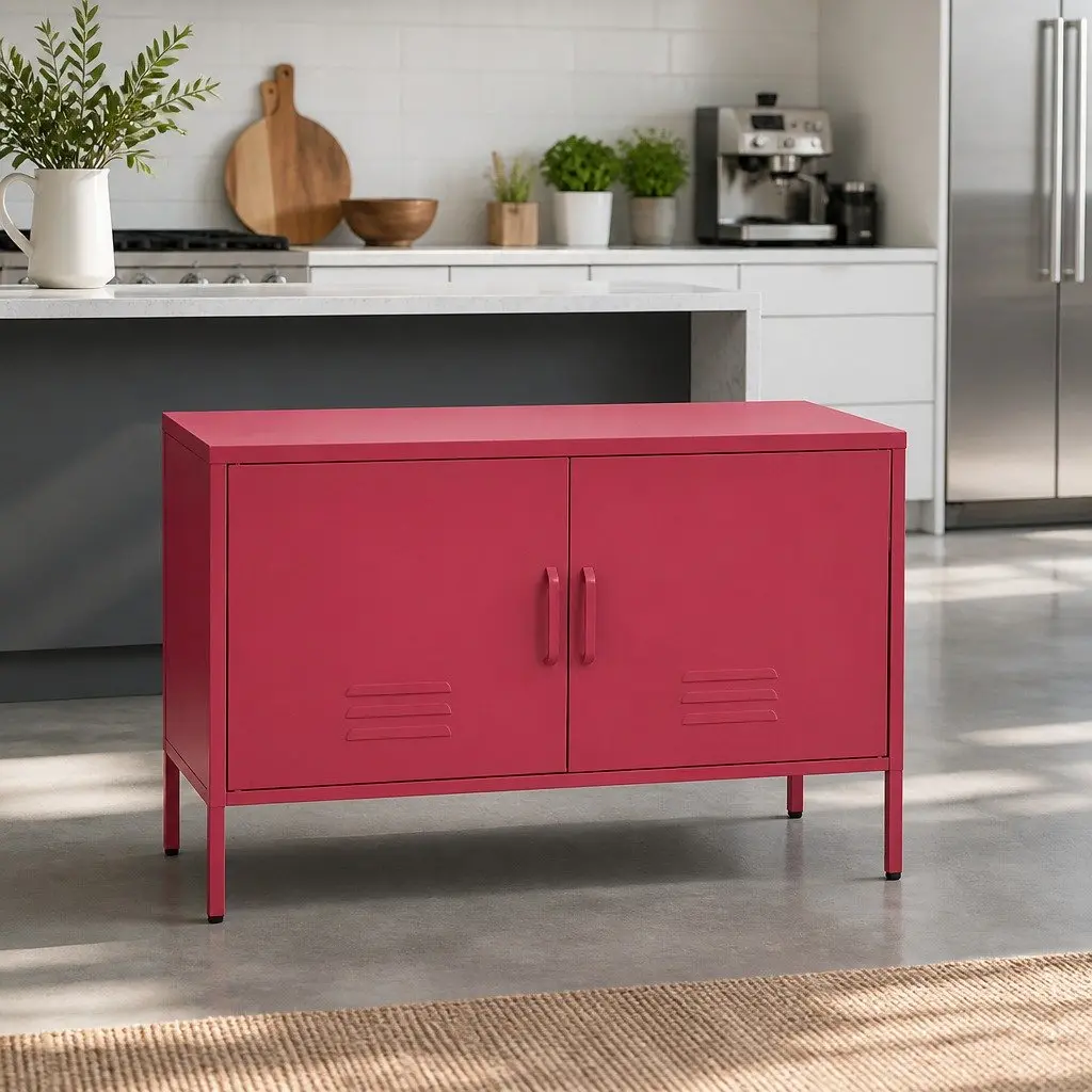 Metal Buffet Sideboard Storage Cabinet with Shelf Pink Dining Room Furniture