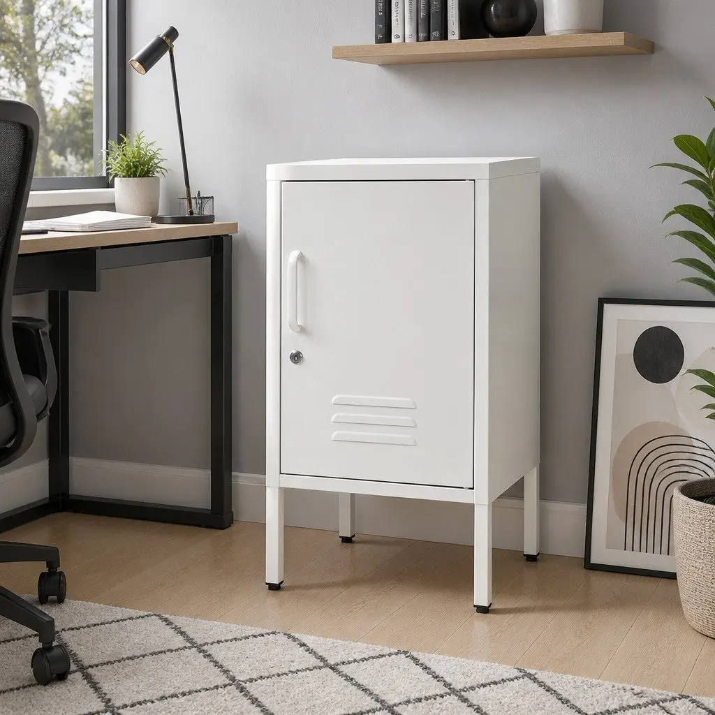 Bedside Table Metal Storage Cabinet Cold Rolled Steel White Compact with Adjustable Shelf