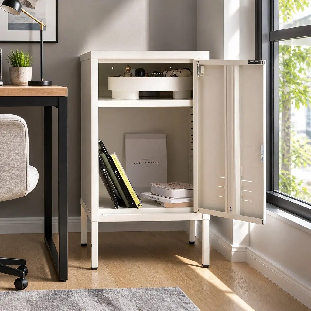 Bedside Table Metal Storage Cabinet Cold Rolled Steel White Compact with Adjustable Shelf
