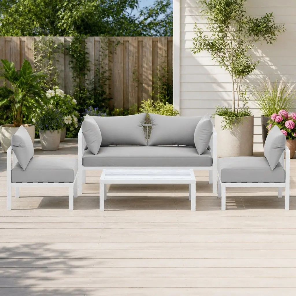 4 Seater Outdoor Lounge Set Aluminium Sofa with Coffee Table Grey Cushions White Frame