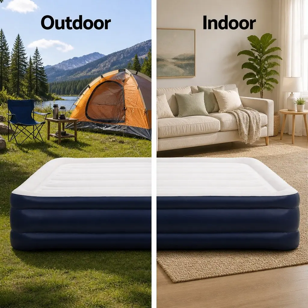 Double Air Mattress Inflatable Bed Flocked Sleeping Surface 46cm PVC