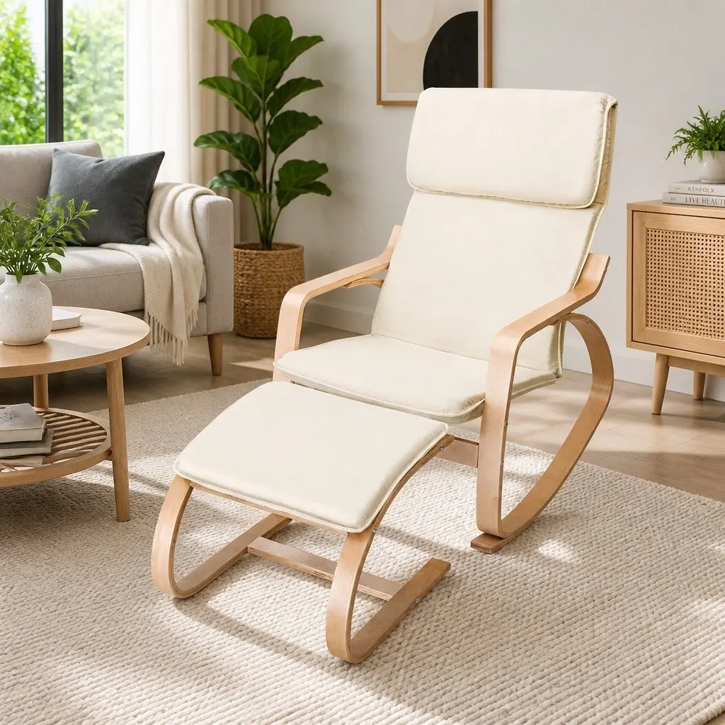 Rocking Armchair with Footstool Bentwood Contemporary Design Beige Lounge Chair