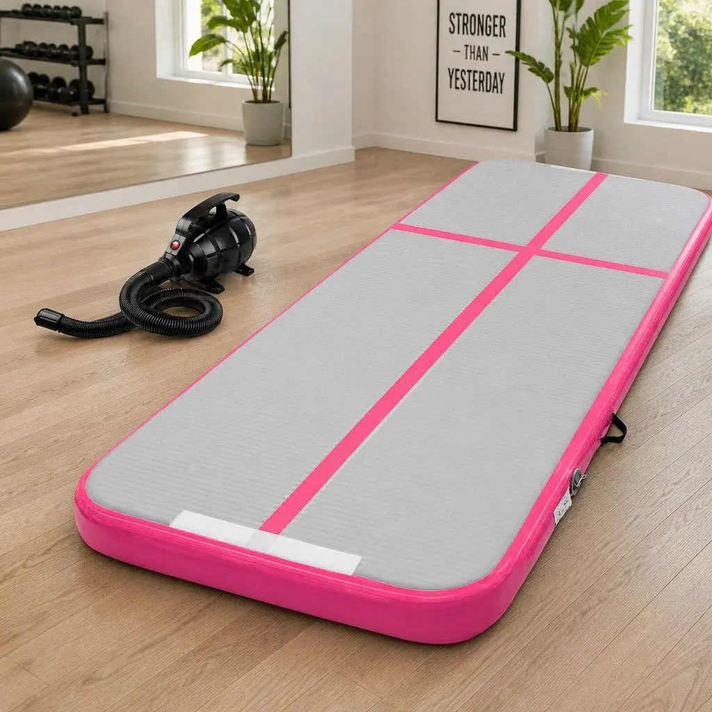 Inflatable Air Track Mat 3M Gymnastics Tumbling Training Exercise Yoga Fitness Pink Grey